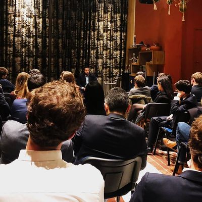 Alexandre Benalla delivering an address at the Cercle Hebe, Paris