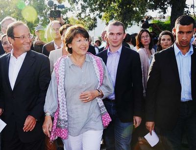 Alexandre Benalla with President Francois Hollande and Martine Aubry